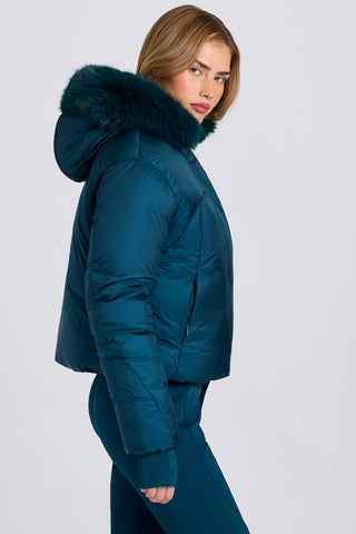 Teal Cropped Ski Jacket with Faux Fur Hood