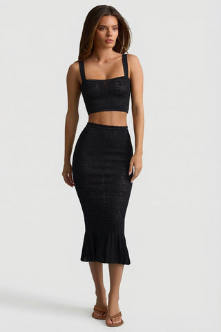 Ruffle Trim Pointelle Knit Fishtail Skirt