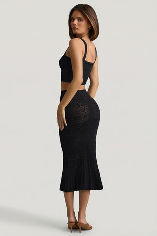 Ruffle Trim Pointelle Knit Fishtail Skirt