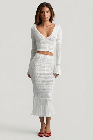 Ruffle Trim Pointelle Knit Fishtail Skirt