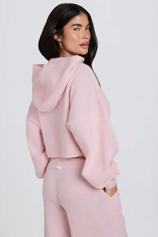 Soft Pink Cropped Knit Hoodie